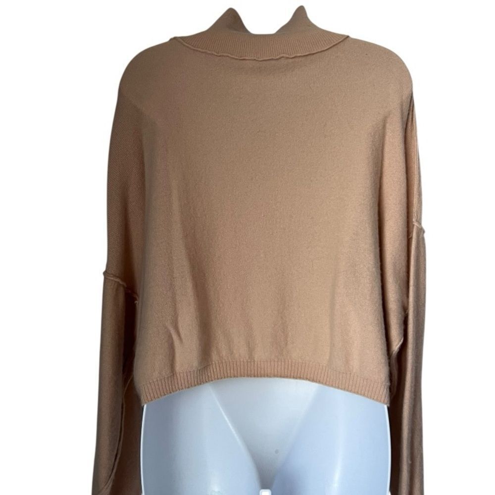 FREE PEOPLE Women's 100% Cashmere Tan Slouchy Pullover Crop Turtleneck Sweater S